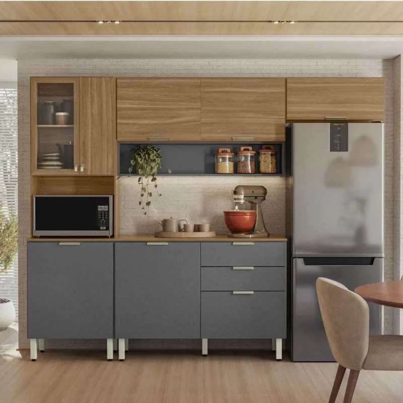 Kit Para Cozinha Compacta Ambiente Alba Com Balcão Amêndola Grafito Prime Tx - Demóbile