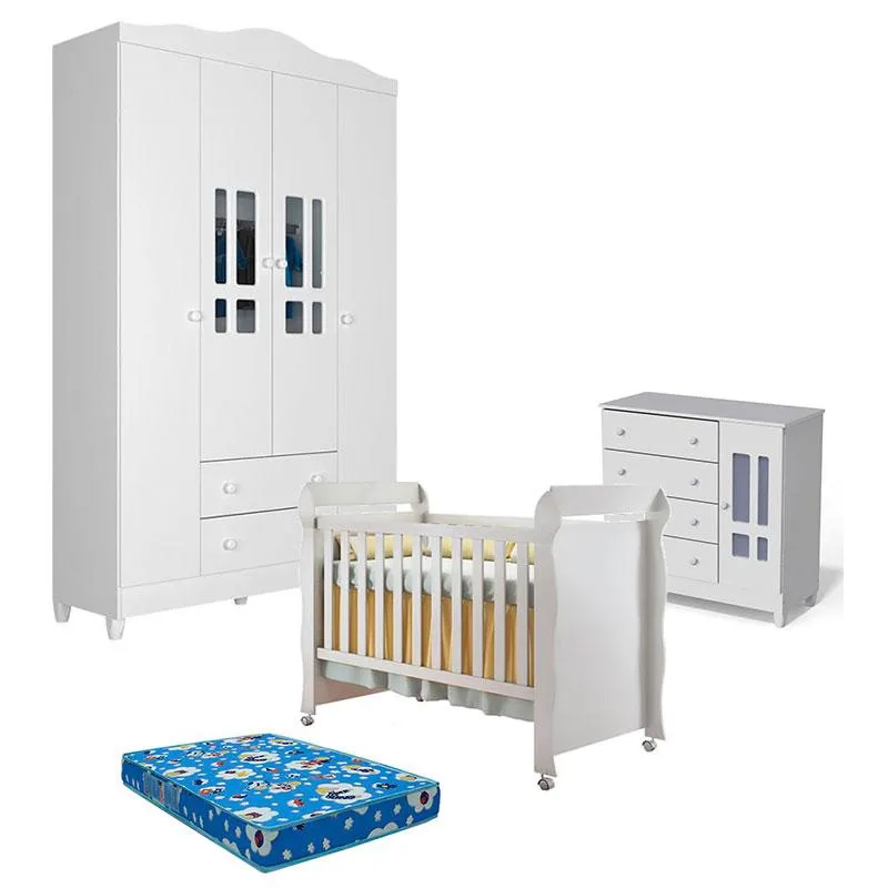 Quarto de Bebê Ariel 4 Portas e Berço Americano Mirelle Branco Brilho com Colchão Ortobom - Carolina