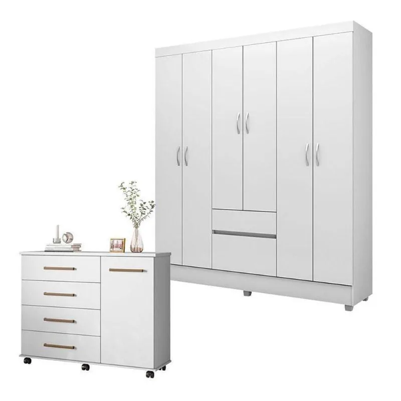 Cômoda Flora E Guarda Roupa Casal Flash 2 Branco - Demóbile