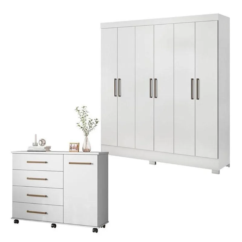 Cômoda Flora E Guarda Roupa Casal Prático Branco - Demóbile