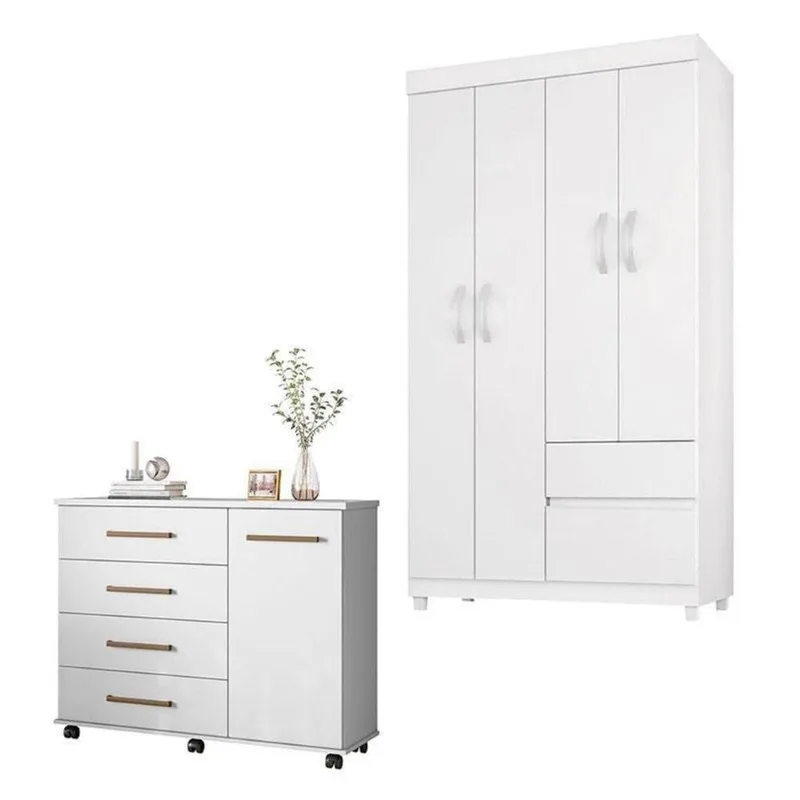 Cômoda Flora E Guarda Roupa Solteiro Lótus Branco Flex - Demóbile