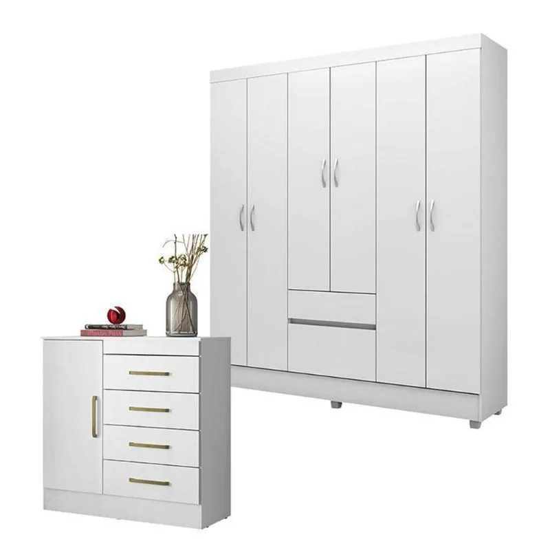 Cômoda Montevidéu E Guarda Roupa Casal Flash 2 Branco Flex - Demóbile