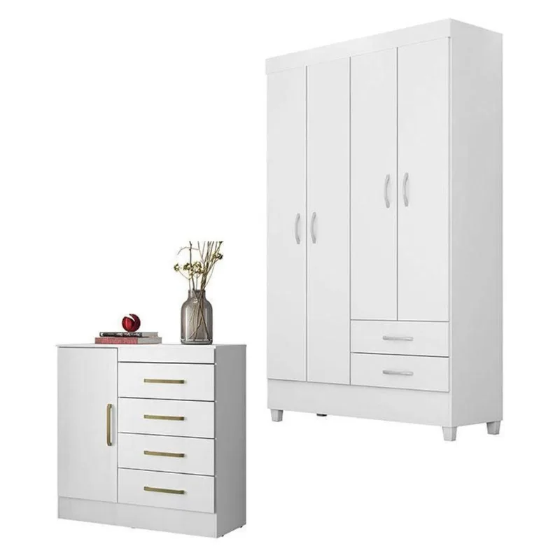 Cômoda Montevidéu E Guarda Roupa Solteiro Astro Branco Flex - Demóbile