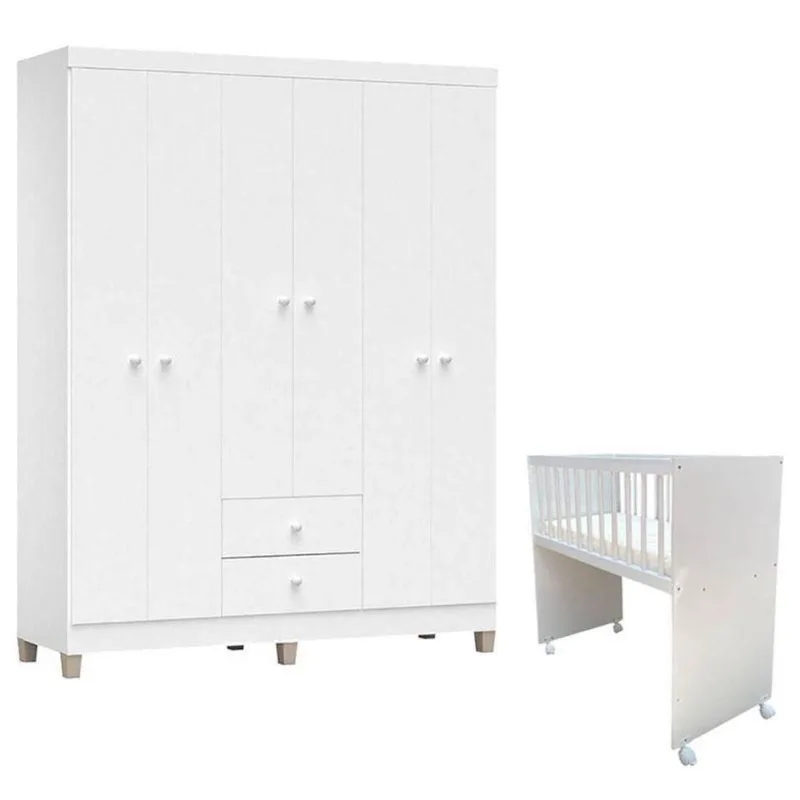 Mini Berço Moisés Alegria Com Colchão E Guarda Roupa Ternura Baby 6 Portas Branco Brilho - Incorplac