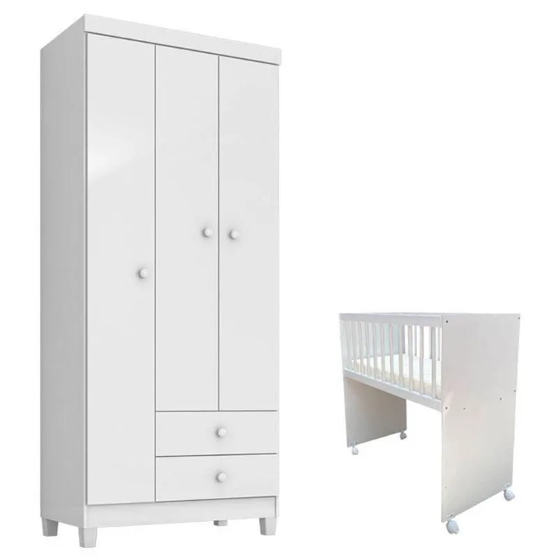 Mini Berço Moisés Alegria Com Colchão E Guarda Roupa 3 Portas Ternura Baby Branco - Incorplac