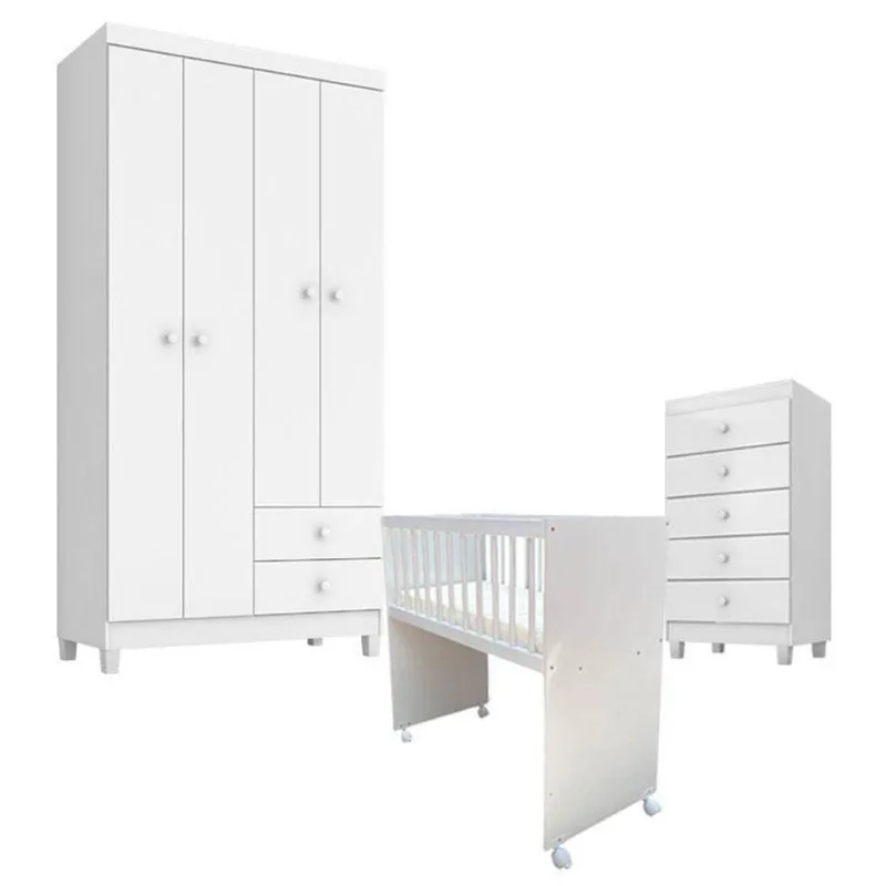 Quarto Bebê 4 Portas Com Gaveteiro Ternura Baby E Mini Berço Moisés Alegria Com Colchão - Incorplac