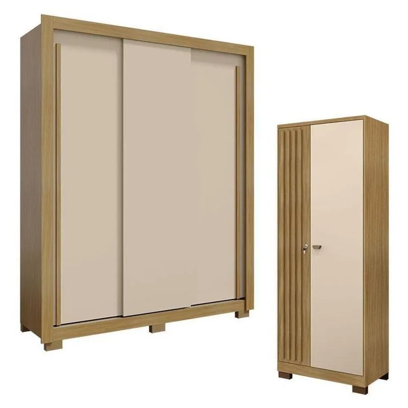 Guarda Roupa Nevoa Flex 3 Portas E Armário Multiuso Versátil Com Chave Carvalho Americano Off White - Incorplac
