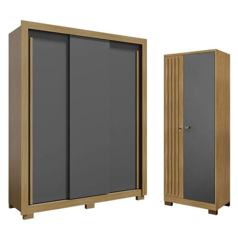 Guarda Roupa Solteiro Nevoa Flex 3 Portas E Armário Multiuso Versátil Com Chave Carvalho Americano Grafite - Incorplac