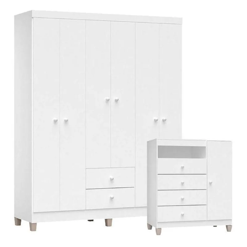 Cômoda E Guarda Roupa 6 Portas Baby Kids Branco Brilho – Incorplac