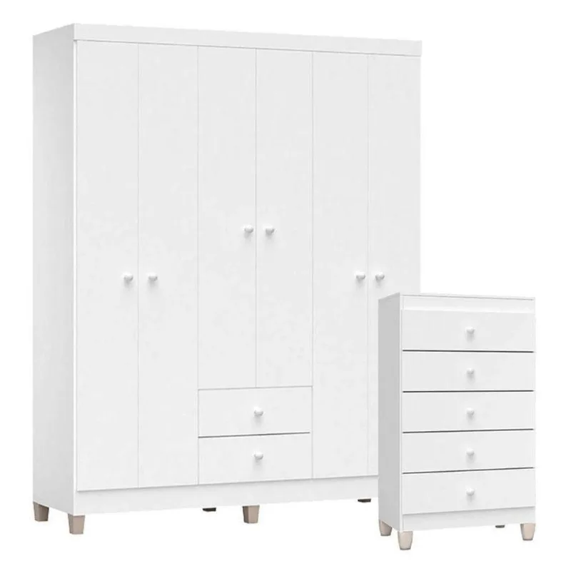 Cômoda Gaveteiro E Guarda Roupa 6 Portas Baby Kids Branco Brilho – Incorplac