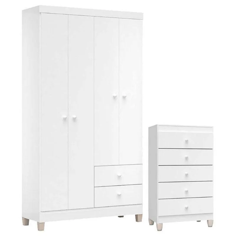 Cômoda Gaveteiro E Guarda Roupa 4 Portas Baby Kids Branco Flex – Incorplac