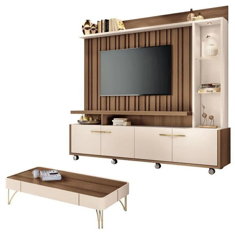 Estante Home Theater Titan E Mesa De Centro Cadenza Castanho Off White - Hb Móveis
