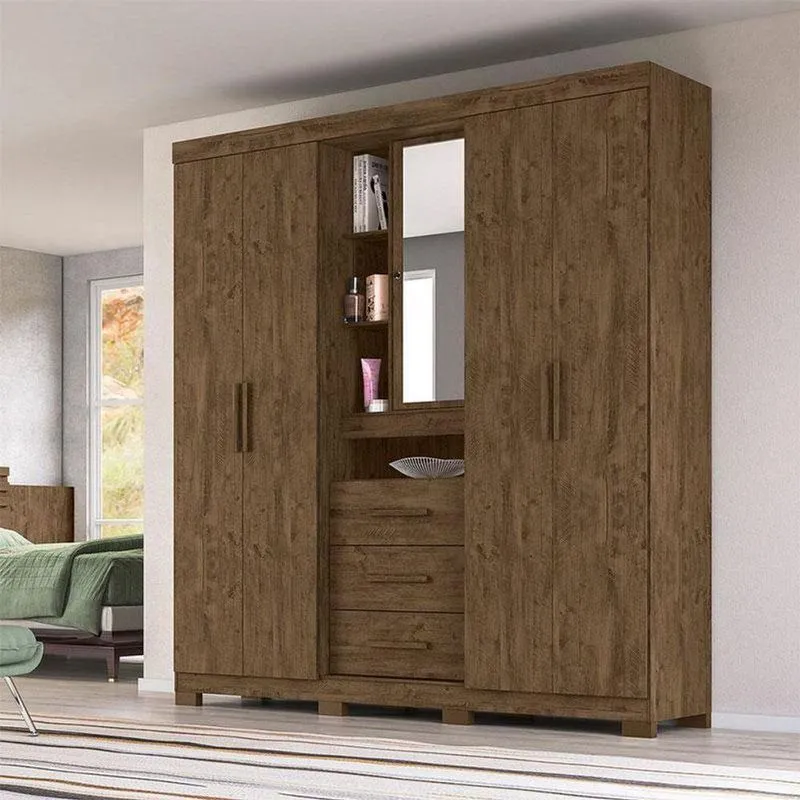 Guarda Roupa Solteiro Ambiente Eldorado 5 Portas Castanho Wood Com Espelho - Moval