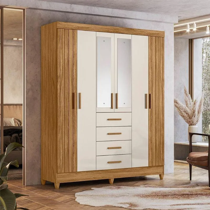 Guarda Roupa Solteiro Ambiente Aruba 6 Portas Freijó Off White Com Espelho - Moval