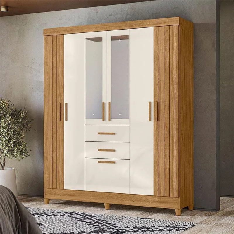 Guarda Roupa Solteiro Ambiente Malta 7 Portas Freijó Off White Com Espelho - Moval
