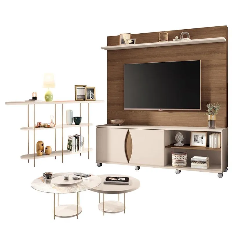 Estante Home Theater Luxor Castanho Off White e Aparador Infinity e Kit Mesa de Centro sky Off White- hb Móveis