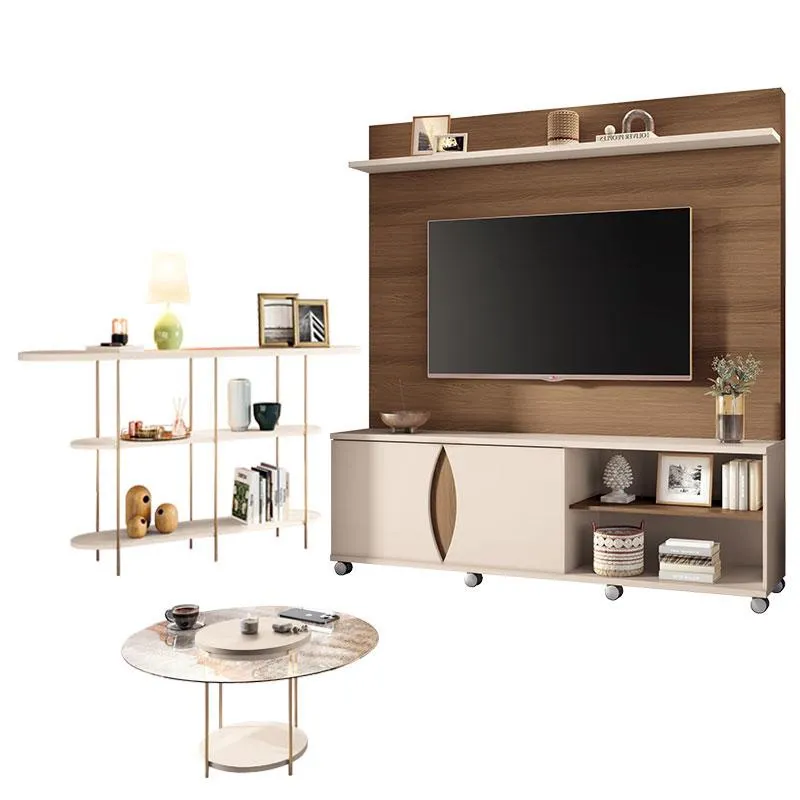 Estante Home Theater Luxor Castanho Off White e Aparador Infinity e Mesa de Centro sky com Tampo de vidro Off White- hb Móveis