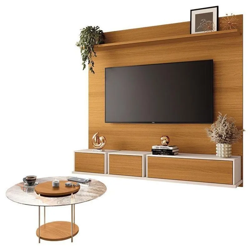 Home Suspenso Max Cinamomo Off White E Mesa De Centro Sky Com Tampo De Vidro Cinamomo- Hb Móveis