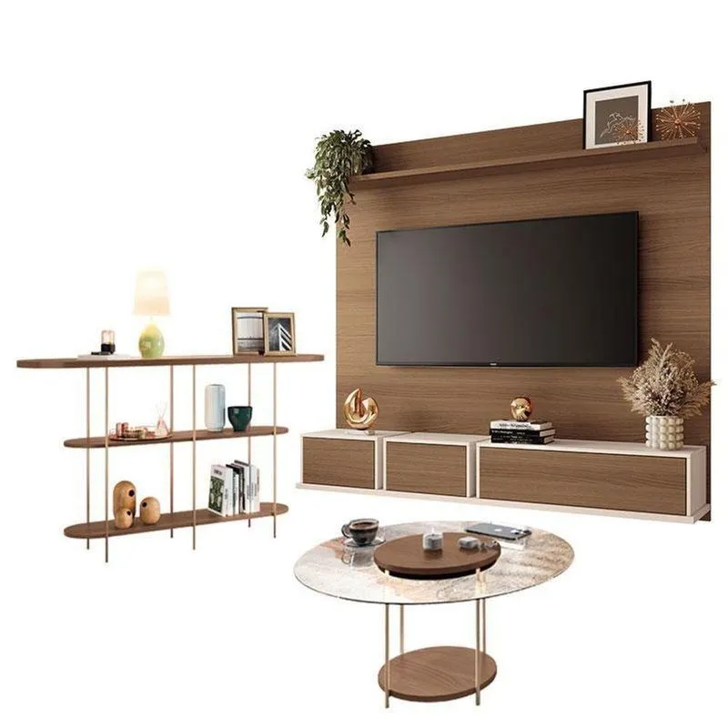 Home Suspenso Max Castanho Off White E Aparador Infinity E Mesa De Centro Sky Com Tampo De Vidro Castanho- Hb Móveis