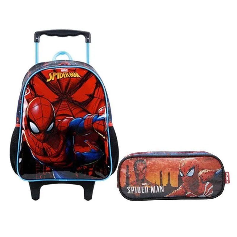 Kit Mochila Com Rodinhas Spider Man 11660 E Estojo Escolar Duplo 13355 - Xeryus