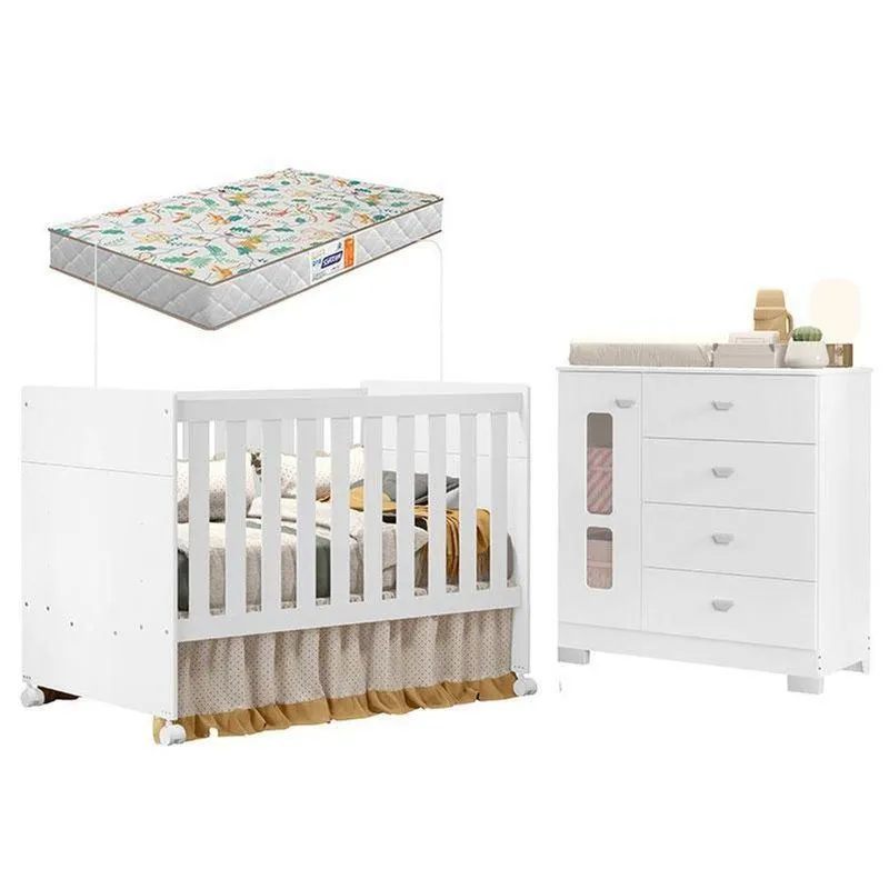 Berço Americano E Cômoda Infantil Katatau Branco Acetinado Com Colchão Gazin ? Reller