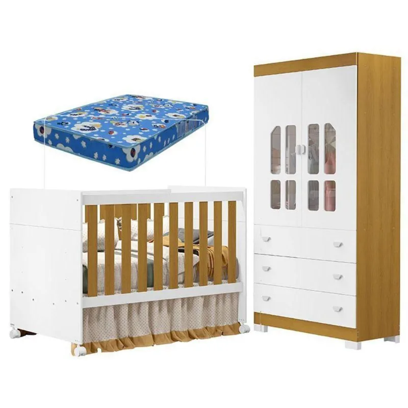 Berço Americano E Guarda Roupa Infantil Katatau Branco Acetinado Savana Com Colchão Ortobom ? Reller