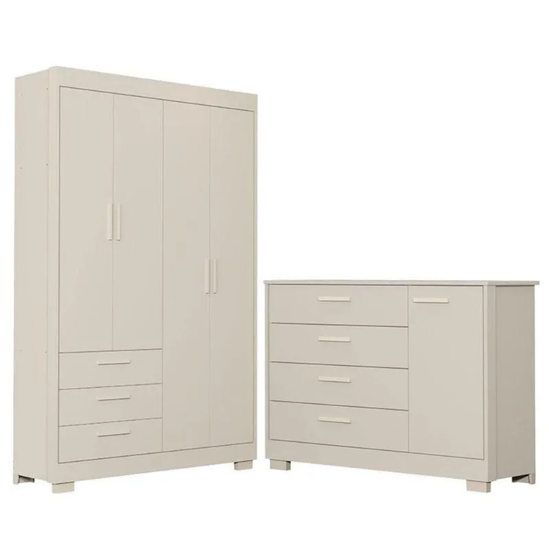 Cômoda Com Porta E Guarda Roupa 4 Portas Infantil Zaki Areia Acetinado - Reller