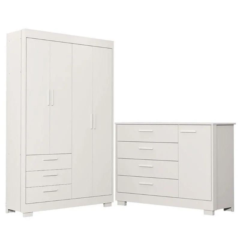 Cômoda Com Porta E Guarda Roupa 4 Portas Infantil Zaki Branco Acetinado - Reller