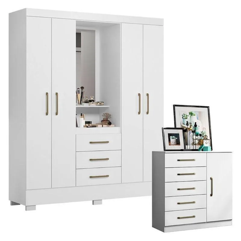Cômoda Milão E Guarda Roupa Solteiro Paris 2045150 Branco - Aramóveis