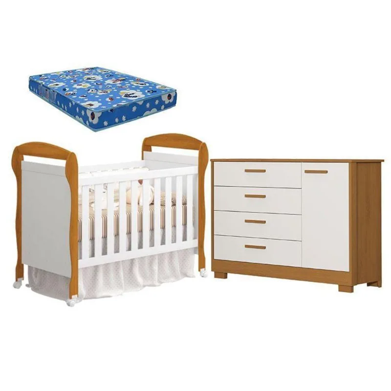 Berço Americano Danny E Cômoda Infantil Zaki Branco Acetinado Savana Com Colchão Ortobom - Reller