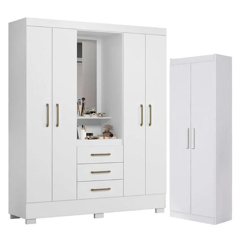 Guarda Roupa Solteiro Paris 2045150 E Armário Multiuso 2000191 Branco - Aramóveis