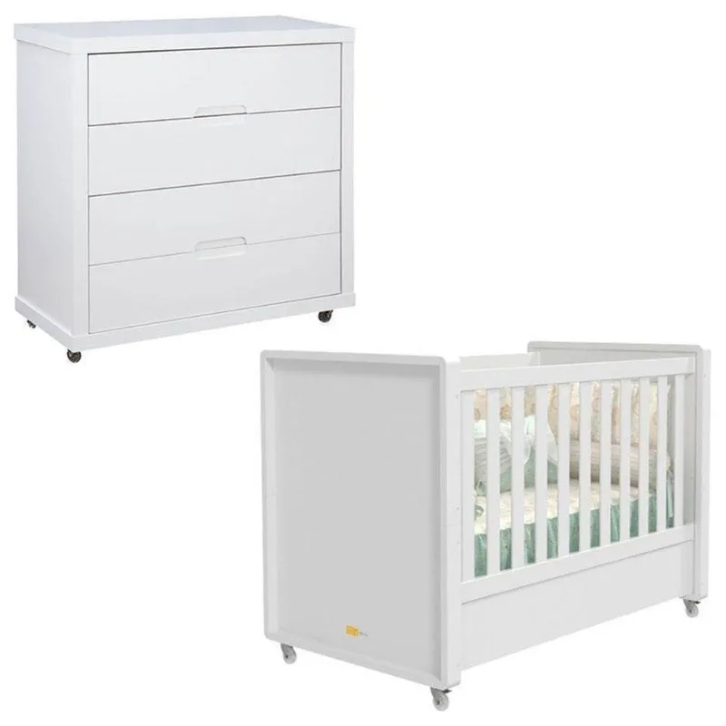 Berço Americano E Cômoda Gaveteiro Infantil Tutto New Branco Acetinado - Matic