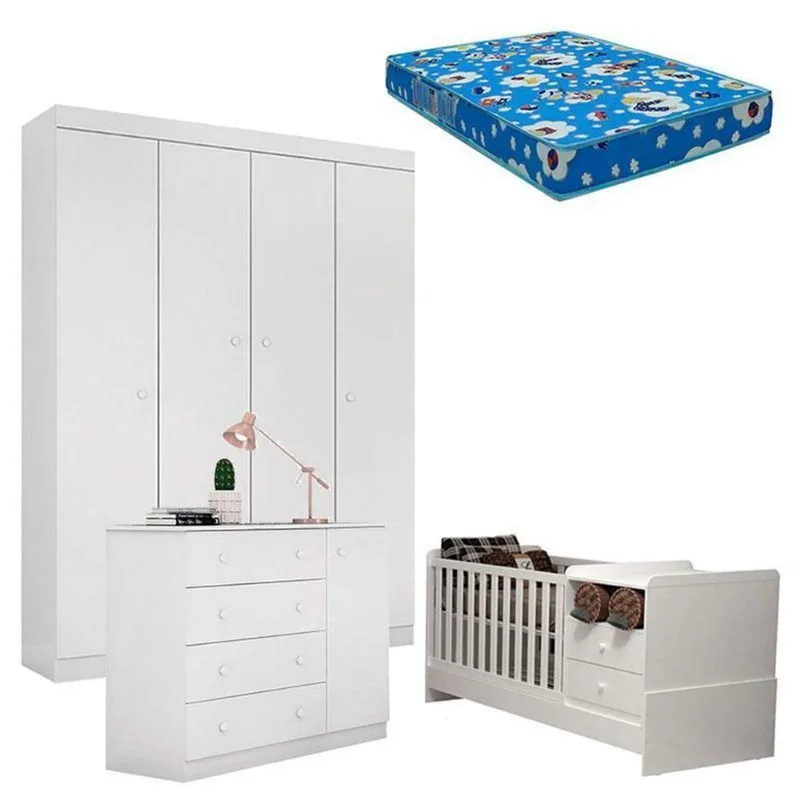 Quarto De Bebê Helena Com Berço Multifuncional Selena Com Colchão Phisical Branco Brilho – Phoenix