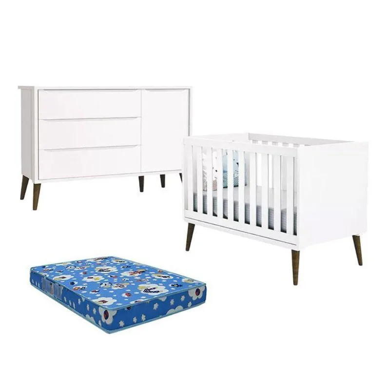 Berço Americano E Cômoda Com Porta Infantil Theo Branco Acetinado Com Colchão ? Reller