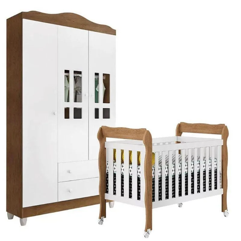 Berço Americano Lila E Guarda Roupa Infantil Ariel 3 Portas Branco Acetinado Amadeirado - Carolina