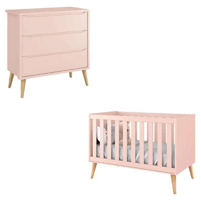 Berço Americano E Cômoda Infantil Gaveteiro Theo Rosa Com Pés Madeira Natural - Reller