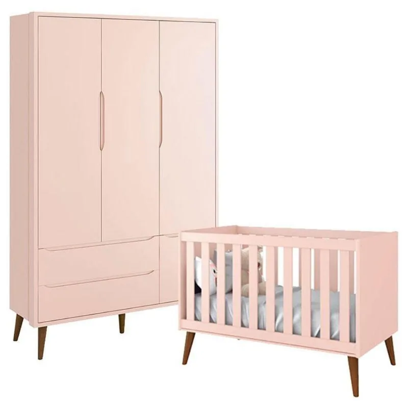 Berço Americano E Guarda Roupa Theo 3 Portas Rosa Com Pés Amadeirados - Reller