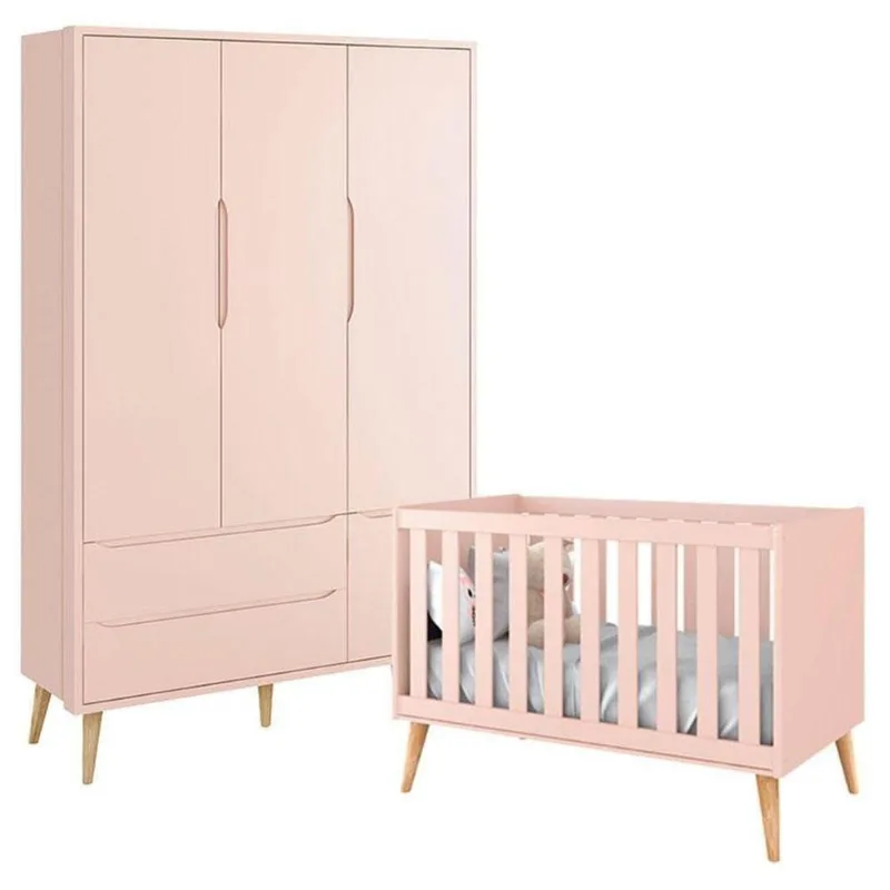 Berço Americano E Guarda Roupa Theo 3 Portas Rosa Com Pés Madeira Natural - Reller