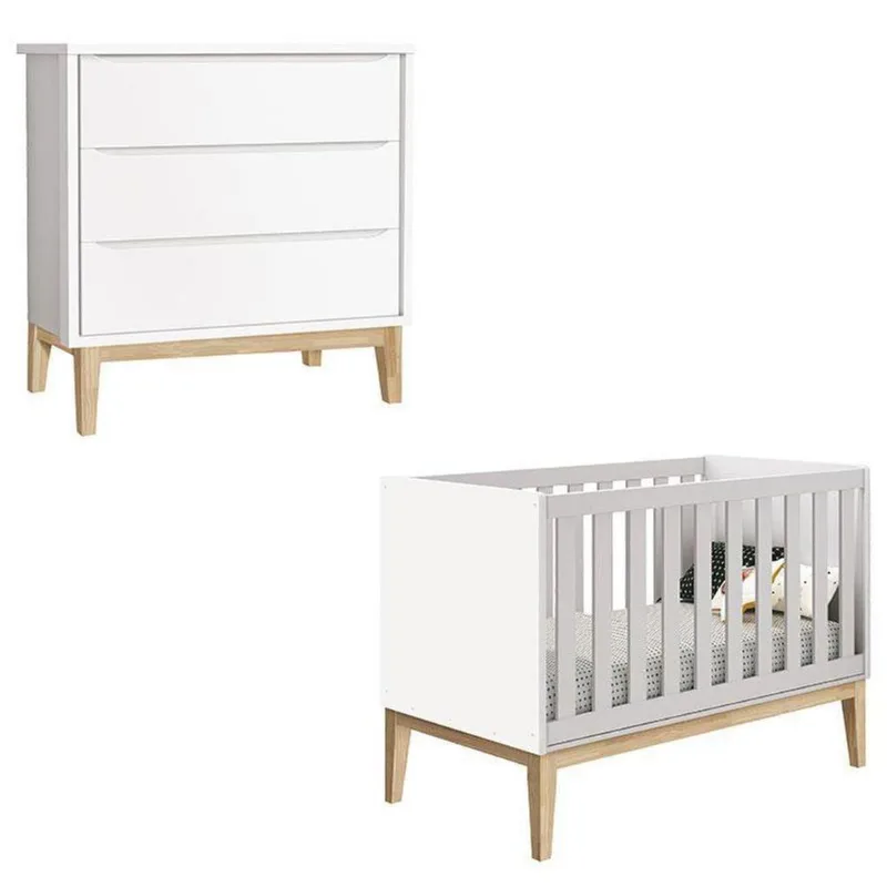 Berço Americano E Cômoda Gaveteiro Classic Branco Com Pés Madeira Natural ? Reller