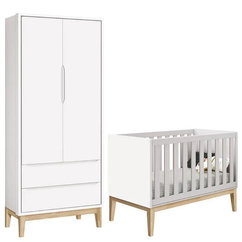 Berço Americano E Guarda Roupa Classic 2 Portas Branco Com Pés Madeira Natural ? Reller