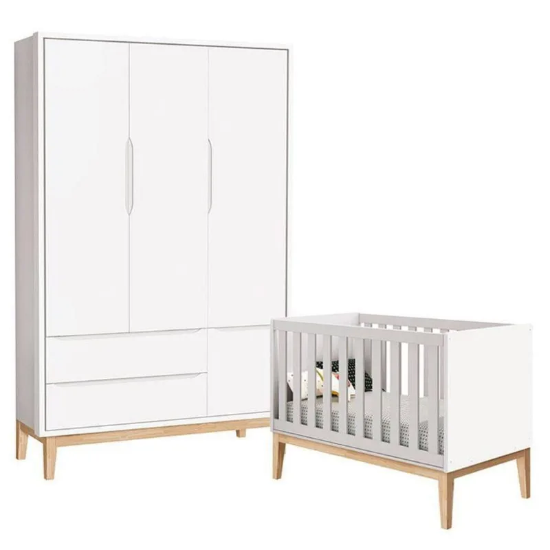 Berço Americano E Guarda Roupa Classic 3 Portas Branco Com Pés Madeira Natural ? Reller