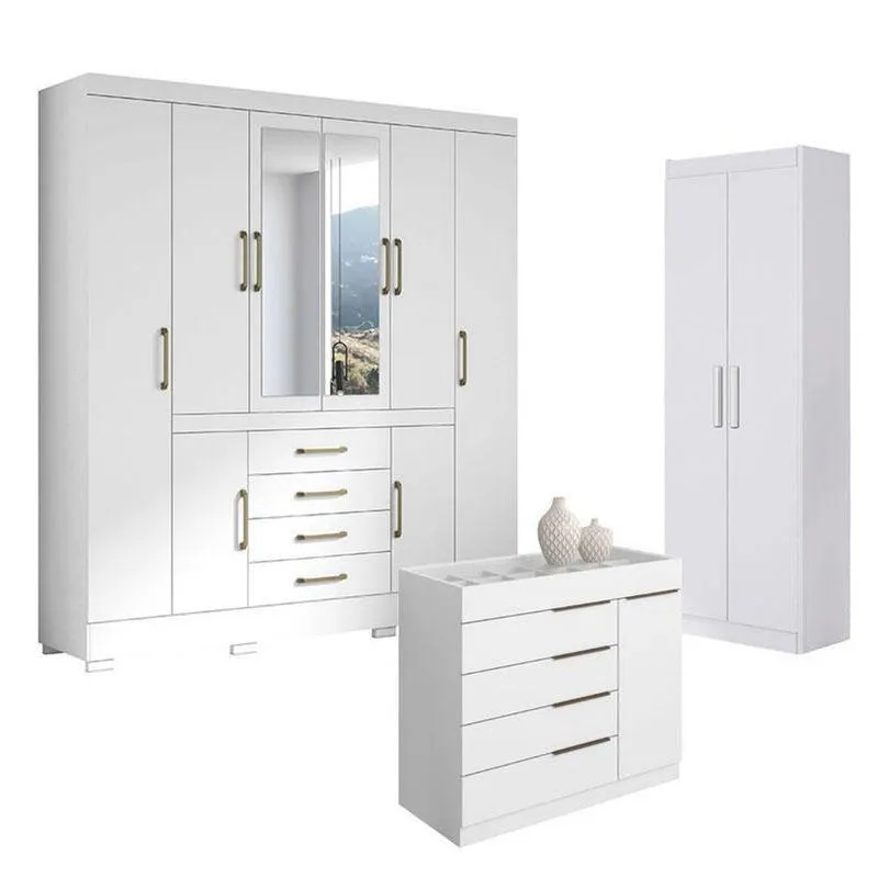 Guarda Roupa Casal Nápole 2045149 E Armário Multiuso 2000191 E Cômoda Sevilha Branco Brilho - Aramóveis