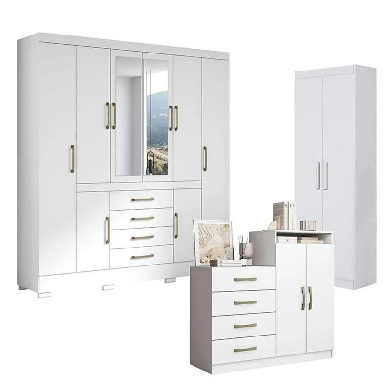 Guarda Roupa Casal Nápole 2045149 E Armário Multiuso 2000191 E Cômoda Londres Branco - Aramóveis