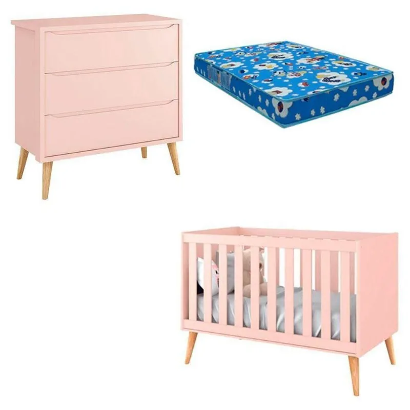 Berço Americano E Cômoda Infantil Gaveteiro Theo Rosa Pés Madeira Natural Com Colchão - Reller