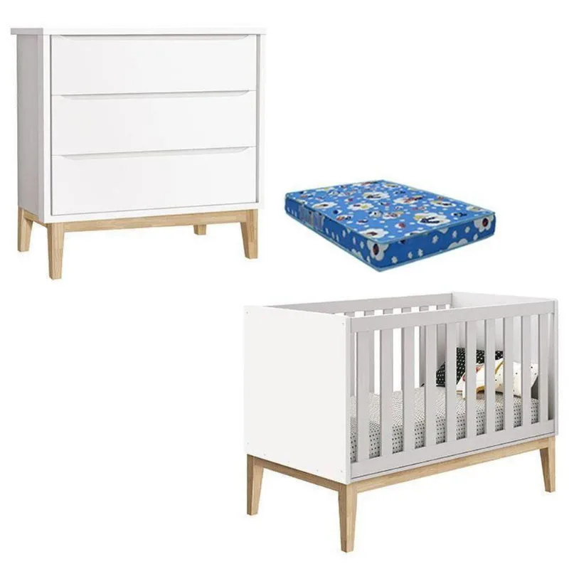 Berço Americano Com Colchão E Cômoda Gaveteiro Classic Branco Pés Madeira Natural ? Reller