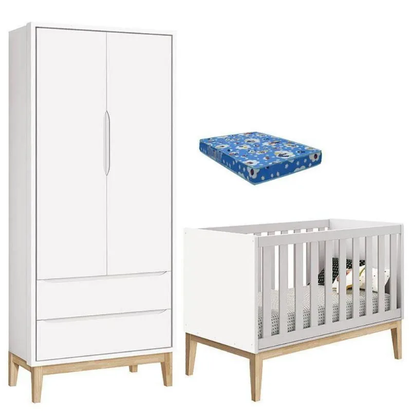Berço Americano Com Colchão E Guarda Roupa Classic 2 Portas Branco Pés Madeira Natural ? Reller