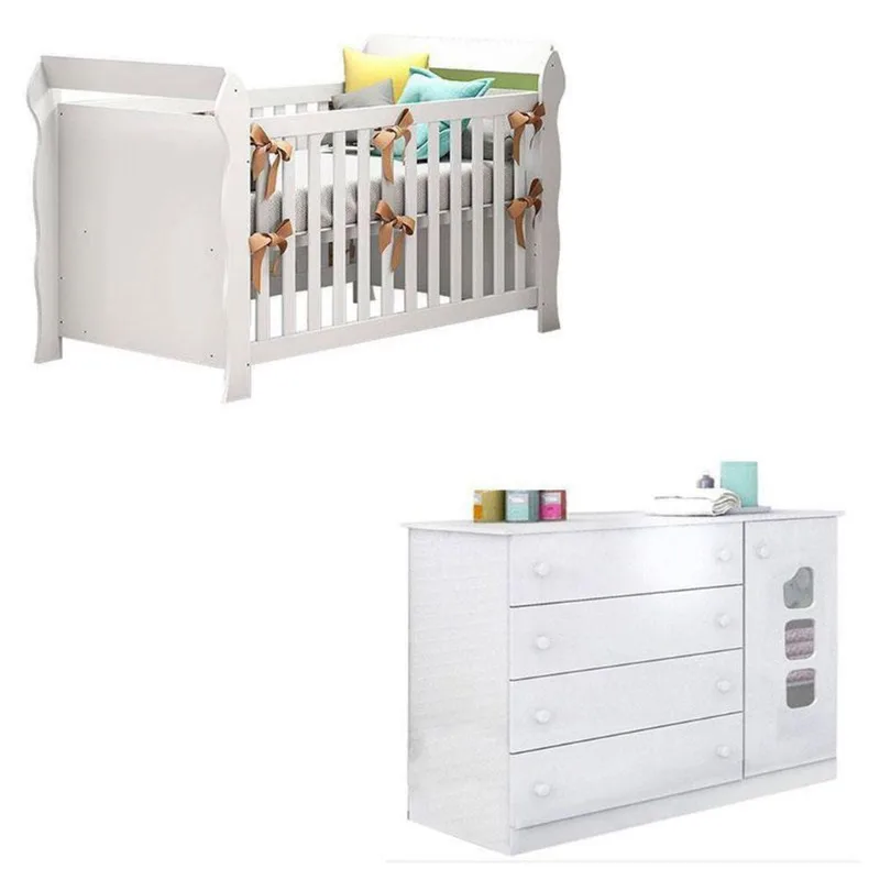 Berço Americano Lara E Cômoda Infantil Lívia Branco Brilho ? Phoenix