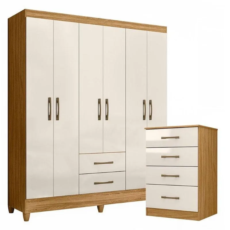 Guarda Roupa Casal e Cômoda Panamá Ms913 6 Portas de Bater 2 Gavetas MDP Freijó Off White