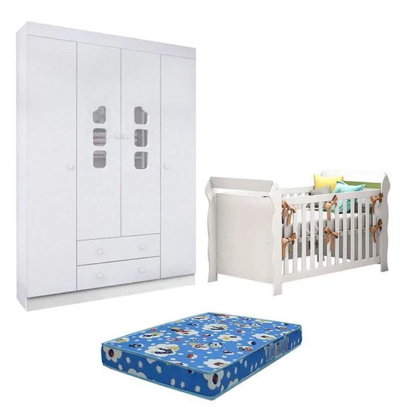 Berço Americano Lara E Guarda Roupa Lívia Branco Brilho Com Colchão – Phoenix