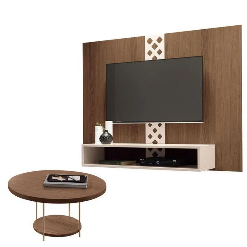 Painel Para Tv Home Suspenso Form Com Mesa De Centro Sky Castanho Off White – Hb Móveis